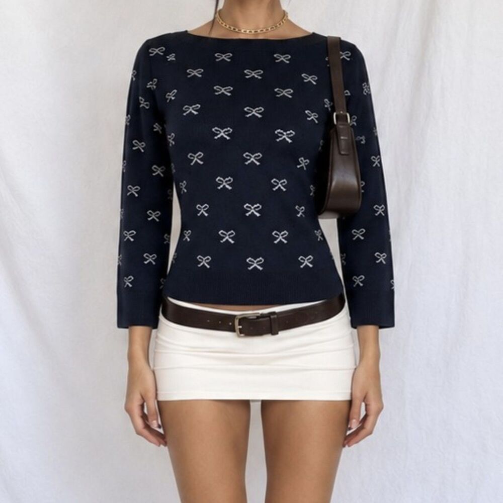 Vintage Y2K Ann Taylor Navy Blue Bow Print Knit Wool Blend Sweater Top Size XS/S